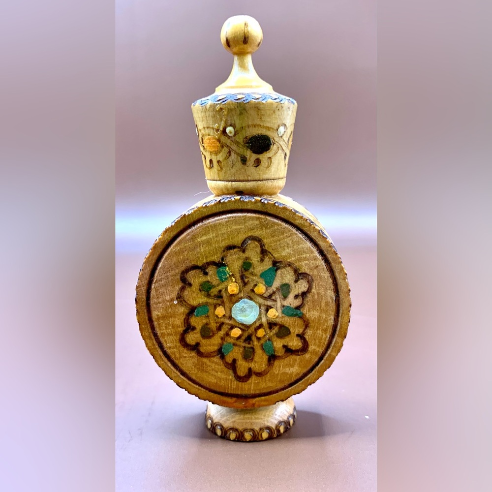 Bulgarian Handpainted Carved Wooden Perfume(Rose Oil)Bottle - Vintage - Folk Art